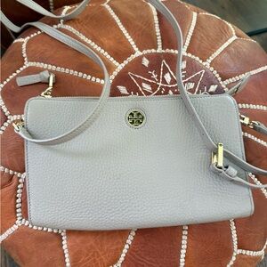Tory Burch Gray Pebbled Leather Crossbody with Gold Logo